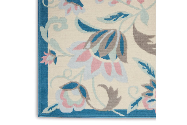 Smart and sophisticated, the jubilant collection presents contemporary rugs with fresh new looks and modern color palettes. Beautifully appealing in pastel shades of pink, blue, and grey, each rug features a durable low-pile construction from low-maintenance, easy-care fibers that will blend perfectly into any casual boho setting. A botanical fantasy of flowers tumbles over the slender borders of this charming rug from the jubilant collection. A gentle palette of blue, pink, and ivory plays out on low-pile easy-care fibers, for a casual charm that brightens any space in the home.Easy-care fibers | Low shedding | Indoor only