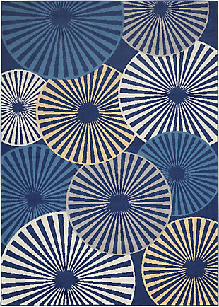Beautifully bold and gorgeously graphic, the grafix collection of area rugs from nourison is destined to deliver a transfixing touch of dramatic appeal to any room. Available in an enthralling array of contemporary color palettes and power-loomed from long-lasting, easy-care polypropylene, each exciting rug is all about outstanding ease and sensational style. An array of overlapping orbs create captivating energy and vibrance in this grafix area rug. Radiating circular patterns in soft blue, white, and beige adorn a deep navy field in a burst of contemporary flair.Serged edges | Low shedding | Indoor only