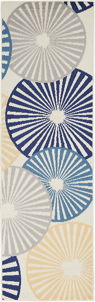 Beautifully bold and gorgeously graphic, the grafix collection of area rugs from nourison is destined to deliver a transfixing touch of dramatic appeal to any room. Available in an enthralling array of contemporary color palettes and power-loomed from long-lasting, easy-care polypropylene, each exciting rug is all about outstanding ease and sensational style. An array of overlapping orbs create captivating energy and vibrance in this grafix runner rug. Radiating circular patterns in soft blue, white, and beige adorn a subtle ivory field in a burst of contemporary flair.Serged edges | Low shedding | Indoor only