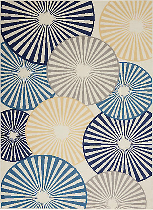 Beautifully bold and gorgeously graphic the grafix collection of area rugs from nourison is destined to deliver a transfixing touch of dramatic appeal to any room. Available in an enthralling array of contemporary color palettes and power loomed from a long-lasting, easy-to-care-for and fabulously-textured 100% polypropylene each exciting rug is all about outstanding ease and sensational style. An array of overlapping orbs create captivating energy and vibrance in this grafix area rug. Radiating circular patterns in soft blue, white, and beige adorn a subtle ivory field in a burst of contemporary flair.Serged edges | Low shedding | Indoor only