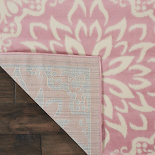 Smart and sophisticated, the jubilant collection presents contemporary rugs with fresh new looks and modern color palettes. Beautifully appealing in pastel shades of pink, blue, and gray, each rug features a durable low-pile construction from low-maintenance, easy-care fibers that will blend perfectly into any casual boho setting. Bold floral medallions burst with energy across the vibrant pink field of this jubilant collection rug. Sleek, low-pile construction from easy-care fibers make this a versatile, stylish accent anywhere in your home.Easy-care fibers | Low shedding | Indoor only