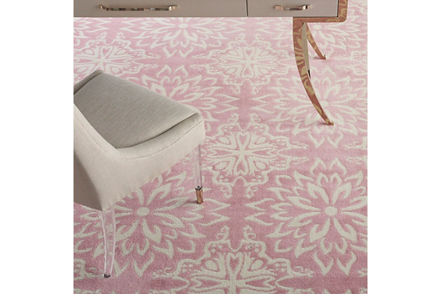 Smart and sophisticated, the jubilant collection presents contemporary rugs with fresh new looks and modern color palettes. Beautifully appealing in pastel shades of pink, blue, and gray, each rug features a durable low-pile construction from low-maintenance, easy-care fibers that will blend perfectly into any casual boho setting. Bold floral medallions burst with energy across the vibrant pink field of this jubilant collection rug. Sleek, low-pile construction from easy-care fibers make this a versatile, stylish accent anywhere in your home.Easy-care fibers | Low shedding | Indoor only