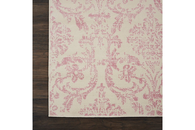 Smart and sophisticated, the jubilant collection presents contemporary rugs with fresh new looks and modern color palettes. Beautifully appealing in pastel shades of pink, blue, and gray, each rug features a durable low-pile construction from low-maintenance, easy-care fibers that will blend perfectly into any casual boho setting. Dramatically distressed color effects and ornate european damask designs bring a vintage antique vibe to this jubilant collection area rug. Striated pink patterns on an ivory white field bring an authentic elegance to your favorite room, with a sleek low pile of easy-care fibers.Easy-care fibers | Low shedding | Indoor only