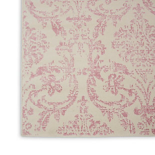 Smart and sophisticated, the jubilant collection presents contemporary rugs with fresh new looks and modern color palettes. Beautifully appealing in pastel shades of pink, blue, and gray, each rug features a durable low-pile construction from low-maintenance, easy-care fibers that will blend perfectly into any casual boho setting. Dramatically distressed color effects and ornate european damask designs bring a vintage antique vibe to this jubilant collection area rug. Striated pink patterns on an ivory white field bring an authentic elegance to your favorite room, with a sleek low pile of easy-care fibers.Easy-care fibers | Low shedding | Indoor only