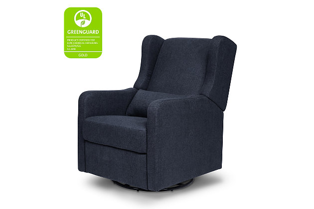 The Arlo recliner and swivel glider is designed to keep you and your baby comfortable at feeding time and as you rock your little one to sleep. Featuring sturdy construction and a soft seat, it glides gently, swivels smoothly and reclines easily to a resting position. The resilient fabric protects against stains from messy spills, maintaining a beautiful appearance through the years. And with its timeless and versatile design, this glider can easily transition to other uses in your home as your needs change.Metal frame | Polyester fabric (water-repellent, stain-resistant) | High-back design | Hidden reclining mechanism; easy-open footrest | Meets all ca tb117-2013 flammability requirements | Greenguard gold certified product tested for over 10,000 chemicals, contributing to cleaner indoor air and a healthier environment for baby | Upholstery free of chemical flame retardants | Assembly required