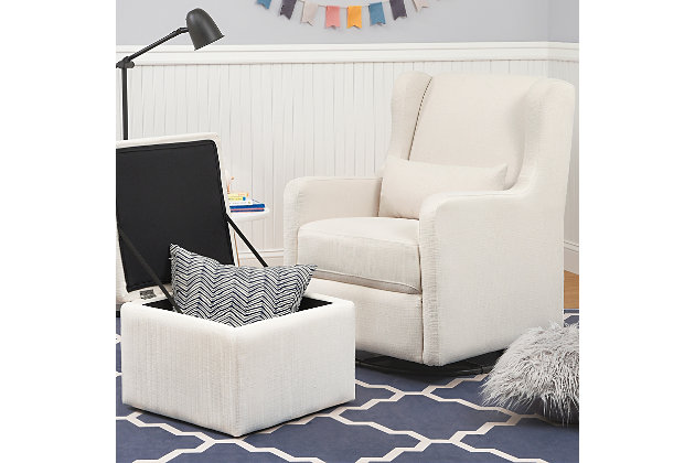 The Adrian glider with storage ottoman is designed to keep you and your baby comfortable at feeding time. Featuring sturdy construction, it gently glides forward and backward, and swivels smoothly, as you cuddle. The resilient fabric protects against stains from messy spills to maintain a beautiful appearance through the years. And with its timeless and versatile design, it can easily transition to other uses in your home as your needs change. This durable glider comes with a matching upholstered footrest that doubles as a convenient storage compartment.Metal frame | Polyester fabric (water-repellent, stain-resistant) | Upholstered ottoman included | Meets all ca tb117-2013 flammability requirements | Greenguard gold certified product tested for over 10,000 chemicals, contributing to cleaner indoor air and a healthier environment for baby | Upholstery free of chemical flame retardants | Easy setup (no assembly required)