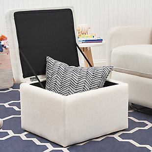 The Adrian glider with storage ottoman is designed to keep you and your baby comfortable at feeding time. Featuring sturdy construction, it gently glides forward and backward, and swivels smoothly, as you cuddle. The resilient fabric protects against stains from messy spills to maintain a beautiful appearance through the years. And with its timeless and versatile design, it can easily transition to other uses in your home as your needs change. This durable glider comes with a matching upholstered footrest that doubles as a convenient storage compartment.Metal frame | Polyester fabric (water-repellent, stain-resistant) | Upholstered ottoman included | Meets all ca tb117-2013 flammability requirements | Greenguard gold certified product tested for over 10,000 chemicals, contributing to cleaner indoor air and a healthier environment for baby | Upholstery free of chemical flame retardants | Easy setup (no assembly required)