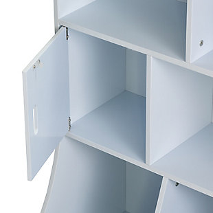 Declutter the chaos with this 4-cube storage cubby, ideal for any kids' room or playroom. Bins act as the perfect catch-all for toys, books, stuffed animals and anything else that needs a place up off the floor. This sturdy cubby is white with a playful design that adds an engaging element to any kids' space.Made of engineered wood | White finish with colorful monster designs | 4 cubbies (1 with a door); 2 lower bins | Assembly required
