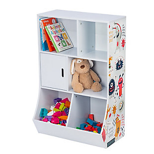 Declutter the chaos with this 4-cube storage cubby, ideal for any kids' room or playroom. Bins act as the perfect catch-all for toys, books, stuffed animals and anything else that needs a place up off the floor. This sturdy cubby is white with a playful design that adds an engaging element to any kids' space.Made of engineered wood | White finish with colorful monster designs | 4 cubbies (1 with a door); 2 lower bins | Assembly required