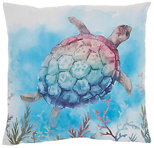 These brilliant handcrafted pillows are destined to brighten your day and enliven your outlook. Featuring jubilant prints, vibrant hues and festive detailing, such as rhinestones, beading and fade-resistant embroidery, this charismatic collection is an exciting embellishment to any outdoor dcor. Enjoy the mystery of sea life with this colorful pillow from the mina victory collection. Handcrafted tie-dye technique creates beautiful watery effects in a graphic depiction of a saltwater turtle floating gracefully among seaweed fronds. Perfect for indoor or outdoor in a comfortable 18” square made from poly canvas fabric with blow fill.Indoor/outdoor | Spot clean | Blow fill | Handcrafted