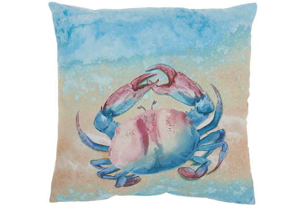 These brilliant handcrafted pillows are destined to brighten your day and enliven your outlook. Featuring jubilant prints, vibrant hues and festive detailing, such as rhinestones, beading and fade-resistant embroidery, this charismatic collection is an exciting embellishment to any outdoor dcor. Go deep sea diving with our colorful crab motif in beautiful blue and sunrise tones. This vibrant pillow from the mina victory collection uses handcrafted tie-dye technique to create pleasing watery effects. Perfect for indoor or outdoor in a comfortable 18” square made from poly canvas fabric with blow fill.Indoor/outdoor | Spot clean | Blow fill | Handcrafted