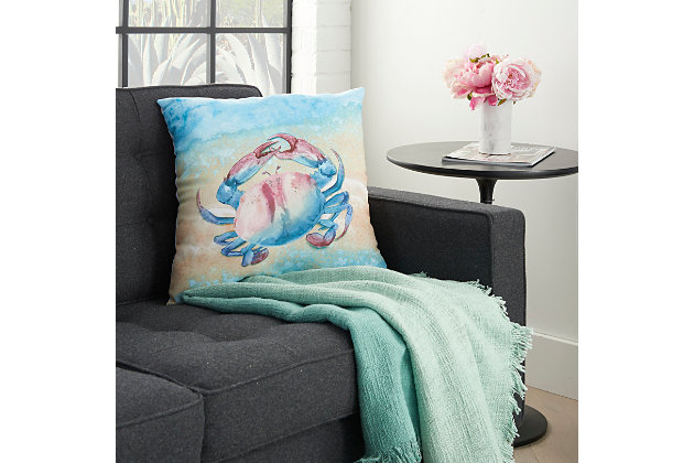 These brilliant handcrafted pillows are destined to brighten your day and enliven your outlook. Featuring jubilant prints, vibrant hues and festive detailing, such as rhinestones, beading and fade-resistant embroidery, this charismatic collection is an exciting embellishment to any outdoor dcor. Go deep sea diving with our colorful crab motif in beautiful blue and sunrise tones. This vibrant pillow from the mina victory collection uses handcrafted tie-dye technique to create pleasing watery effects. Perfect for indoor or outdoor in a comfortable 18” square made from poly canvas fabric with blow fill.Indoor/outdoor | Spot clean | Blow fill | Handcrafted