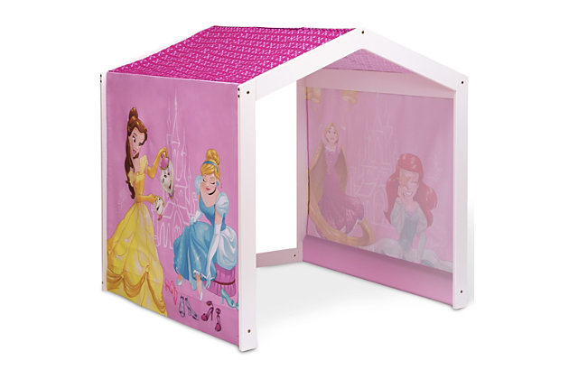 This Disney Princess Indoor Playhouse with Fabric Tent by Delta Children will be the crowning accessory in your little one’s playroom. The durable wood frame is draped in colorful tent fabric that features bold graphics of everyone’s favorite Disney Princesses, Belle, Cinderella, Ariel and Rapunzel. A magical fort for boys and girls to play or read, it's designed to enrich imaginations and encourage kids to create a whole make-believe world inside -decorate the inside of the playhouse with a table, stuffed animals, throw pillows, blankets and more! This large wood playhouse stands just under 4 feet tall, and its sturdy construction ensures your child will make this their castle for creative play for years to come! Roomy enough for multiple children. Designed for indoor use only. About Disney Princesses: From royal castles to happily ever after, the Disney Princesses evoke the stories girls love to dream about. Belle, Ariel and Cinderella are just a few of the famous Princess depicted on the Princess-inspired chairs, beds, toy storage and more from Delta Children.Keeps kids entertained: this colorful character indoor playhouse is the best way to keep kids entertained at home, its spacious interior space is large enough for several kids to play at the same time | Stimulates imaginations: tent provides a fun place for pretend play that helps boost your child’s development by inspiring their imagination, building memory, developing vocabulary and improving concentration | Perfect size: measuring 45.25"w x 45.25"d x 47.75"h, this indoor playhouse is a great way to keep your children busy for hours without taking up too much space in your living room, playroom or bedroom, recommended for ages 18 months+ | Sturdy and safe: meets or exceeds government and astm safety standards, frame is made of sturdy wood, non-toxic design is lead and phthalates safe | Easy assembly: put this indoor playhouse together in no time, only one person needed to assemble