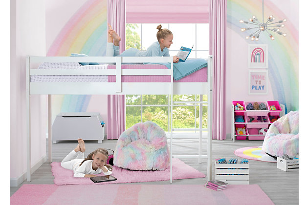 Free up your floor space while increasing storage and play space with this Low Twin Loft Bed with Guardrail and Ladder by Delta Children. Its timeless and modern design will work with any décor, while the versatile wood frame provides space underneath to store toys, create a remoting learning workstation or a fun fort hangout, anything is possible--your child’s imagination makes this loft bed their very own. Built to withstand everything your little one can throw at it, the bed’s sturdy wood construction with non-slip ladder and guardrails on all sides offers ultimate safety and security. Add our coordinating character tent to complete your child’s space (sold separately). Bed measures 77.6"L x 41.5"W x 53.5"H, fits a twin-size mattress (sold separately). Holds up to 250 lbs. Delta Children was founded around the idea of making safe, high-quality children's furniture affordable for all families. They know there's nothing more important than safety when it comes to your child's space. That's why all Delta Children products are built with long-lasting materials to ensure they stand up to years of jumping and playing. Plus, they are rigorously tested to meet or exceed all industry safety standards.Space saver: this low loft bed makes the most out of your child’s space with underneath opening for storage or play, use open space for remote learning or to build a fort, add our coordinating character tents to complete the look (tents sold separately) | Durable construction: made of sustainable rubberwood and tsca compliant engineered wood, sturdy construction withstands years of climbing and use, we use a non-toxic multi-step painting process that is lead and phthalate safe | Safety first: non-slip ladder is easy to climb |secure guardrails go all around the frame with easy-access opening for the ladder, bed meets or exceeds all cpsc requirements, and is rigorously tested to meet or exceed the highest industry safety standards | Easy assembly: putting your loft bed together is super-easy, we designed this low twin loft bed so you can spend more time enjoying it, the easy to follow instructions help you to build a sturdy loft bed in no-time | Twin size: loft bed measures 77.6"l x 41.5"w x 53.5"h; underbed height is 37”h, perfectly fits a twin mattress (sold separately), support slats included; no box spring necessary, holds up to 250 lbs. | Bed meets or exceeds all cpsc requirements, and is rigorously tested to meet or exceed the highest industry safety standards