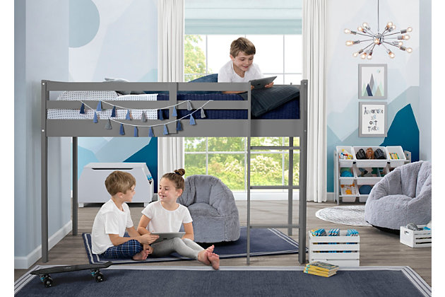 Free up your floor space while increasing storage and play space with this Low Loft Bed with Guardrail and Ladder by Delta Children. Its timeless and modern design will work with any décor, while the versatile wood frame provides space underneath to store toys, create a remoting learning workstation or a fun fort hangout, anything is possible--your child’s imagination makes this loft bed their very own. Built to withstand everything your little one can throw at it, the bed’s sturdy wood construction with non-slip ladder and guardrails on all sides offers ultimate safety and security. Add our coordinating character tent to complete your child’s space (sold separately). Bed measures 77.6"L x 41.5"W x 53.5"H, fits a -size mattress (sold separately). Holds up to 250 lbs. Delta Children was founded around the idea of ma safe, high-quality children's furniture affordable for all families. They know there's nothing more important than safety when it comes to your child's space. That's why all Delta Children products are built with long-lasting materials to ensure they stand up to years of jumping and playing. Plus, they are rigorously tested to meet or exceed all industry safety standards.Space saver: this low loft bed makes the most out of your child’s space with underneath opening for storage or play, use open space for remote learning or to build a fort, add our coordinating character tents to complete the look (tents sold separately) | Durable construction: made of sustainable rubberwood and tsca compliant engineered wood, sturdy construction withstands years of climbing and use, we use a non-toxic multi-step painting process that is lead and phthalate safe | Safety first: non-slip ladder is easy to climb |secure guardrails go all around the frame with easy-access opening for the ladder, bed meets or exceeds all cpsc requirements, and is rigorously tested to meet or exceed the highest industry safety standards | Easy assembly: putting your loft bed together is super-easy, we designed this low loft bed so you can spend more time enjoying it, the easy to follow instructions help you to build a sturdy loft bed in no-time |  size: loft bed measures 77.6"l x 41.5"w x 53.5"h; underbed height is 37”h, perfectly fits a mattress (sold separately), support slats included; no box spring necessary, holds up to 250 lbs. | Bed meets or exceeds all cpsc requirements, and is rigorously tested to meet or exceed the highest industry safety standards