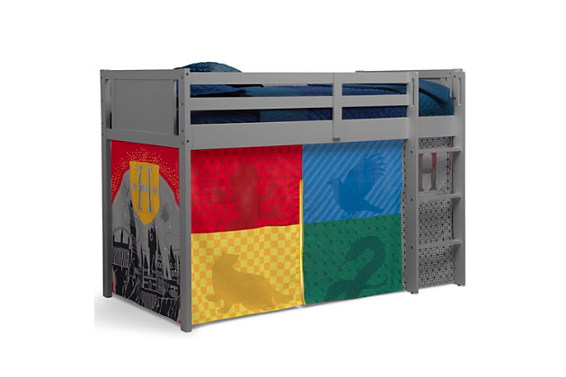 Transform your child’s twin loft bed into fun play area with this Harry Potter Loft Bed Tent by Delta Children. Adding an under-bed tent is an excellent way to create a private space for your child to relax, explore imaginative playtime or complete their homework without needing additional floor space, it can also keep toys neatly out of sight. Boasting the crests of the four Hogwarts houses, Gryffindor, Ravenclaw, Slytherin and Hufflepuff, these fabric tent panels feature a peek-a-boo mesh window and convenient roll-up front that can be held open with toggles—it’s the perfect place to read your favorite Harry Potter book. Incredibly versatile, the front panel can be placed on the front of the bed to create a tented play space or to the back of the bed for a cool, character backdrop—either option allows little ones to enter a world of endless creativity. The Harry Potter Twin Loft Bed Tent by Delta Children is designed to fit the Delta Children Low Twin Loft Bed (sold separately) or any other low loft bed with an opening of 37”H. Easily attach the under-bed tent using Velcro. Tent dimensions: 75"L x 36.5"W x 37"H (37" clearance from bottom of loft bed to floor).About Harry Potter: when Harry Potter learns on his eleventh birthday that he is, in fact, a Wizard, he is quickly swept up into the spellbinding world of Hogwarts school of Witchcraft. He soon discovers, though, that there is a much darker side to the wizarding world than any of them could have imagined. The Harry Potter Collection by Delta Children brings the magic of the beloved book and movie series to your home.Unique play space: this harry potter loft bed tent instantly creates a play space or remote learning area under your child’s bed without taking up additional floor space, tent features a mesh window and roll-up front panel, bed not included | Easy to attach: easily attach the tent to your bed using velcro, front panel of the tent can be placed on the front of the bed or the back for versatility, tent is removable and machine washable | Helps facilitate learning and development: this tent creates a private space for boys or girls to play and explore, imaginative play helps enhances social, cognitive and emotional development | Dimensions: tent size: 75"l x 36.5"w x 37"h, this character tent perfectly fits delta children’s low twin loft bed (sold separately) or any other low twin loft bed with a 37”h opening | Sturdy construction: made from high quality polyester, this character tent stands up to years of play | Front panel of the tent can be placed on the front or back of the bed for versatility; tent is removable and machine washable