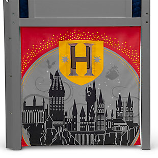 Transform your child’s twin loft bed into fun play area with this Harry Potter Loft Bed Tent by Delta Children. Adding an under-bed tent is an excellent way to create a private space for your child to relax, explore imaginative playtime or complete their homework without needing additional floor space, it can also keep toys neatly out of sight. Boasting the crests of the four Hogwarts houses, Gryffindor, Ravenclaw, Slytherin and Hufflepuff, these fabric tent panels feature a peek-a-boo mesh window and convenient roll-up front that can be held open with toggles—it’s the perfect place to read your favorite Harry Potter book. Incredibly versatile, the front panel can be placed on the front of the bed to create a tented play space or to the back of the bed for a cool, character backdrop—either option allows little ones to enter a world of endless creativity. The Harry Potter Twin Loft Bed Tent by Delta Children is designed to fit the Delta Children Low Twin Loft Bed (sold separately) or any other low loft bed with an opening of 37”H. Easily attach the under-bed tent using Velcro. Tent dimensions: 75"L x 36.5"W x 37"H (37" clearance from bottom of loft bed to floor).About Harry Potter: when Harry Potter learns on his eleventh birthday that he is, in fact, a Wizard, he is quickly swept up into the spellbinding world of Hogwarts school of Witchcraft. He soon discovers, though, that there is a much darker side to the wizarding world than any of them could have imagined. The Harry Potter Collection by Delta Children brings the magic of the beloved book and movie series to your home.Unique play space: this harry potter loft bed tent instantly creates a play space or remote learning area under your child’s bed without taking up additional floor space, tent features a mesh window and roll-up front panel, bed not included | Easy to attach: easily attach the tent to your bed using velcro, front panel of the tent can be placed on the front of the bed or the back for versatility, tent is removable and machine washable | Helps facilitate learning and development: this tent creates a private space for boys or girls to play and explore, imaginative play helps enhances social, cognitive and emotional development | Dimensions: tent size: 75"l x 36.5"w x 37"h, this character tent perfectly fits delta children’s low twin loft bed (sold separately) or any other low twin loft bed with a 37”h opening | Sturdy construction: made from high quality polyester, this character tent stands up to years of play | Front panel of the tent can be placed on the front or back of the bed for versatility; tent is removable and machine washable