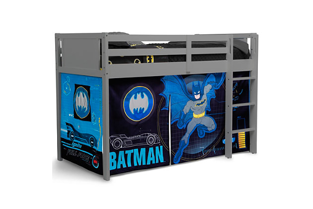 Transform your child’s twin loft bed into fun play area with this Batman Loft Bed Tent by Delta Children. Adding an under-bed tent is an excellent way to create a private space for your child to relax, explore imaginative playtime or complete their homework without needing additional floor space, it can also keep toys neatly out of sight. Boasting colorful graphics of Gotham City’s most popular superhero, these fabric tent panels feature a peek-a-boo mesh window and convenient roll-up front that can be held open with toggles to give a Batcave feel. Incredibly versatile, the front panel can be placed on the front of the bed to create a tented play space or to the back of the bed for a cool, character backdrop—either option allows little ones to enter a world of endless creativity. The Batman Twin Loft Bed Tent by Delta Children is designed to fit the Delta Children Low Twin Loft Bed (sold separately) or any other low loft bed with an opening of 37”H. Easily attach the under-bed tent using Velcro. Tent dimensions: 75"L x 36.5"W x 37"H (37" clearance from bottom of loft bed to floor).About Batman: Dark Knight. Caped Crusader. Sworn protector of Gotham City. Batman goes by many names, but he has only one mission-become the world's greatest weapon against crime. His powers? Super-sophisticated gear and intelligence. Batman's utility belt and Batmoblie help him morph him into the ultimate vigilante. Made to KA-POW, Batman furniture from Delta Children adds cool style to your child's space while creating a fun crime-fighting ambiance that's perfect for pretend play.Unique play space: this batman loft bed tent instantly creates a play space or remote learning area under your child’s bed without taking up additional floor space, tent features a mesh window and roll-up front panel, bed not included | Easy to attach: easily attach the tent to your bed using velcro, front panel of the tent can be placed on the front of the bed or the back for versatility, tent is removable and machine washable | Helps facilitate learning and development: this tent creates a private space for boys or girls to play and explore, imaginative play helps enhances social, cognitive and emotional development | Dimensions: tent size: 75"l x 36.5"w x 37"h, this character tent perfectly fits delta children’s low twin loft bed (sold separately) or any other low twin loft bed with a 37”h opening | Sturdy construction: made from high quality polyester, this character tent stands up to years of play | Features a mesh window and roll-up front panel