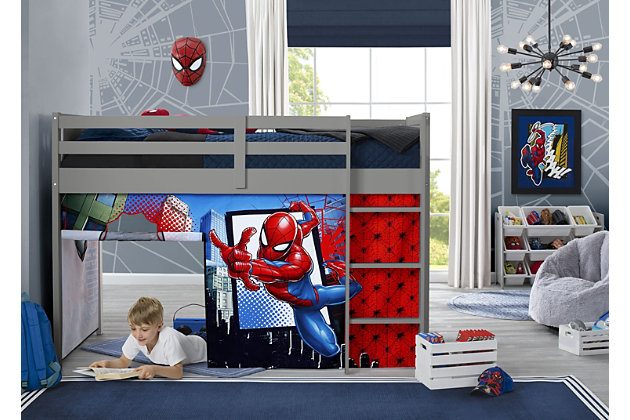 Transform your child’s twin loft bed into fun play area with this Spider-Man Loft Bed Tent by Delta Children. Adding an under-bed tent is an excellent way to create a private space for your child to relax, explore imaginative playtime or complete their homework without needing additional floor space, it can also keep toys neatly out of sight. Boasting colorful graphics of your child’s favorite web-slinging superhero, Spider-Man, these fabric tent panels feature a peek-a-boo mesh window and convenient roll-up front that can be held open with toggles. Incredibly versatile, the front panel can be placed on the front of the bed to create a tented play space or to the back of the bed for a cool, character backdrop—either option allows little ones to enter a world of endless creativity. The Spider-Man Twin Loft Bed Tent by Delta Children is designed to fit the Delta Children Low Twin Loft Bed (sold separately) or any other low loft bed with an opening of 37”H. Easily attach the under-bed tent using Velcro. Tent dimensions: 75"L x 36.5"W x 37"H (37" clearance from bottom of loft bed to floor). About Spider-Man: after being bitten by a radioactive spider, Peter Parker gained incredible special powers. Along with his newfound abilities, Peter used his scientific knowledge to construct tools, a suit and a new alter Ego, Spider-Man. Using his super powers to protect the public from evildoers, he knows that with great power comes great responsibility! Bring the action-packed fun of Spider-Man to your child's bedroom or playroom with furniture and decor from Delta Children.Unique play space: this spider-man loft bed tent instantly creates a play space or remote learning area under your child’s bed without taking up additional floor space, tent features a mesh window and roll-up front panel, bed not included | Easy to attach: easily attach the tent to your bed using velcro, front panel of the tent can be placed on the front of the bed or the back for versatility, tent is removable and machine washable | Helps facilitate learning and development: this tent creates a private space for boys or girls to play and explore, imaginative play helps enhances social, cognitive and emotional development | Dimensions: tent size: 75"l x 36.5"w x 37"h, this character tent perfectly fits delta children’s low twin loft bed (sold separately) or any other low twin loft bed with a 37”h opening | Sturdy construction: made from high quality polyester, this character tent stands up to years of play | Features a mesh window and roll-up front panel; tent is removable and machine washable