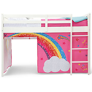 Transform your child’s twin loft bed into fun play area with this JoJo Siwa Loft Bed Tent by Delta Children. Adding an under-bed tent is an excellent way to create a private space for your child to relax, explore imaginative playtime or complete their homework without needing additional floor space, it can also keep toys neatly out of sight. Boasting colorful JoJo Siwa-inspired graphics, like rainbows, unicorns and hearts, these fabric tent panels feature a peek-a-boo mesh window and convenient roll-up front that can be held open with toggles. Incredibly versatile, the front panel can be placed on the front of the bed to create a tented play space or to the back of the bed for a cool, character backdrop—either option allows little ones to enter a world of endless creativity. The JoJo Siwa Twin Loft Bed Tent by Delta Children is designed to fit the Delta Children Low Twin Loft Bed (sold separately) or any other low loft bed with an opening of 37”H. Easily attach the under-bed tent using Velcro. Tent dimensions: 75"L x 36.5"W x 37"H (37" clearance from bottom of loft bed to floor). About JoJo Siwa: From her infectious spirit and can-do attitude to her love of dance, bows, and her yorkie BowBow, JoJo's positive personality is brought to life with this vibrant collection of kids' furniture by Delta Children. Items from this collection will inspire young girls to be themselves through JoJo's empowering and uplifting vibes.Unique play space: this jojo siwa loft bed tent instantly creates a play space or remote learning area under your child’s bed without taking up additional floor space, tent features a mesh window and roll-up front panel, bed not included | Easy to attach: easily attach the tent to your bed using velcro, front panel of the tent can be placed on the front of the bed or the back for versatility, tent is removable and machine washable | Helps facilitate learning and development: this tent creates a private space for boys or girls to play and explore, imaginative play helps enhances social, cognitive and emotional development | Dimensions: tent size: 75"l x 36.5"w x 37"h, this character tent perfectly fits delta children’s low twin loft bed (sold separately) or any other low twin loft bed with a 37”h opening | Sturdy construction: made from high quality polyester, this character tent stands up to years of play | Tent features a mesh window and roll-up front panel; removable and machine washable