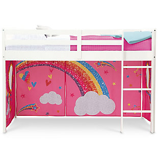 Transform your child’s twin loft bed into fun play area with this JoJo Siwa Loft Bed Tent by Delta Children. Adding an under-bed tent is an excellent way to create a private space for your child to relax, explore imaginative playtime or complete their homework without needing additional floor space, it can also keep toys neatly out of sight. Boasting colorful JoJo Siwa-inspired graphics, like rainbows, unicorns and hearts, these fabric tent panels feature a peek-a-boo mesh window and convenient roll-up front that can be held open with toggles. Incredibly versatile, the front panel can be placed on the front of the bed to create a tented play space or to the back of the bed for a cool, character backdrop—either option allows little ones to enter a world of endless creativity. The JoJo Siwa Twin Loft Bed Tent by Delta Children is designed to fit the Delta Children Low Twin Loft Bed (sold separately) or any other low loft bed with an opening of 37”H. Easily attach the under-bed tent using Velcro. Tent dimensions: 75"L x 36.5"W x 37"H (37" clearance from bottom of loft bed to floor). About JoJo Siwa: From her infectious spirit and can-do attitude to her love of dance, bows, and her yorkie BowBow, JoJo's positive personality is brought to life with this vibrant collection of kids' furniture by Delta Children. Items from this collection will inspire young girls to be themselves through JoJo's empowering and uplifting vibes.Unique play space: this jojo siwa loft bed tent instantly creates a play space or remote learning area under your child’s bed without taking up additional floor space, tent features a mesh window and roll-up front panel, bed not included | Easy to attach: easily attach the tent to your bed using velcro, front panel of the tent can be placed on the front of the bed or the back for versatility, tent is removable and machine washable | Helps facilitate learning and development: this tent creates a private space for boys or girls to play and explore, imaginative play helps enhances social, cognitive and emotional development | Dimensions: tent size: 75"l x 36.5"w x 37"h, this character tent perfectly fits delta children’s low twin loft bed (sold separately) or any other low twin loft bed with a 37”h opening | Sturdy construction: made from high quality polyester, this character tent stands up to years of play | Tent features a mesh window and roll-up front panel; removable and machine washable