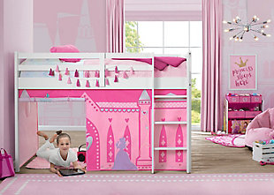 Transform your child’s twin loft bed into fun play area with this Disney Princess Loft Bed Tent by Delta Children. Adding an under-bed tent is an excellent way to create a private space for your child to relax, explore imaginative playtime or complete their homework without needing additional floor space, it can also keep toys neatly out of sight. Boasting enchanting graphics that transform your little one’s bed into Cinderella’s magical castle, these fabric tent panels feature a peek-a-boo mesh window and convenient roll-up front that can be held open with toggles. Incredibly versatile, the front panel can be placed on the front of the bed to create a tented play space or to the back of the bed for a cool, character backdrop—either option allows little ones to enter a world of endless creativity. The Disney Princess Twin Loft Bed Tent by Delta Children is designed to fit the Delta Children Low Twin Loft Bed (sold separately) or any other low loft bed with an opening of 37”H. Easily attach the under-bed tent using Velcro. Tent dimensions: 75"L x 36.5"W x 37"H (37" clearance from bottom of loft bed to floor). About Disney Princesses: From royal castles to happily ever after, the Disney Princesses evoke the stories girls love to dream about. Belle, Ariel and Cinderella are just a few of the famous Princess depicted on the Princess-inspired chairs, beds, toy storage and more from Delta Children.Unique play space: this disney princess loft bed tent instantly creates a play space or remote learning area under your child’s bed without taking up additional floor space, tent features a mesh window and roll-up front panel, bed not included | Easy to attach: easily attach the tent to your bed using velcro, front panel of the tent can be placed on the front of the bed or the back for versatility, tent is removable and machine washable | Helps facilitate learning and development: this tent creates a private space for boys or girls to play and explore, imaginative play helps enhances social, cognitive and emotional development | Dimensions: tent size: 75"l x 36.5"w x 37"h, this character tent perfectly fits delta children’s low twin loft bed (sold separately) or any other low twin loft bed with a 37”h opening | Sturdy construction: made from high quality polyester, this character tent stands up to years of play | Features a mesh window and roll-up front panel; tent is removable and machine washable