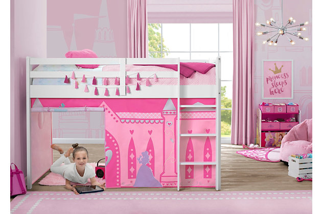 Transform your child’s twin loft bed into fun play area with this Disney Princess Loft Bed Tent by Delta Children. Adding an under-bed tent is an excellent way to create a private space for your child to relax, explore imaginative playtime or complete their homework without needing additional floor space, it can also keep toys neatly out of sight. Boasting enchanting graphics that transform your little one’s bed into Cinderella’s magical castle, these fabric tent panels feature a peek-a-boo mesh window and convenient roll-up front that can be held open with toggles. Incredibly versatile, the front panel can be placed on the front of the bed to create a tented play space or to the back of the bed for a cool, character backdrop—either option allows little ones to enter a world of endless creativity. The Disney Princess Twin Loft Bed Tent by Delta Children is designed to fit the Delta Children Low Twin Loft Bed (sold separately) or any other low loft bed with an opening of 37”H. Easily attach the under-bed tent using Velcro. Tent dimensions: 75"L x 36.5"W x 37"H (37" clearance from bottom of loft bed to floor). About Disney Princesses: From royal castles to happily ever after, the Disney Princesses evoke the stories girls love to dream about. Belle, Ariel and Cinderella are just a few of the famous Princess depicted on the Princess-inspired chairs, beds, toy storage and more from Delta Children.Unique play space: this disney princess loft bed tent instantly creates a play space or remote learning area under your child’s bed without taking up additional floor space, tent features a mesh window and roll-up front panel, bed not included | Easy to attach: easily attach the tent to your bed using velcro, front panel of the tent can be placed on the front of the bed or the back for versatility, tent is removable and machine washable | Helps facilitate learning and development: this tent creates a private space for boys or girls to play and explore, imaginative play helps enhances social, cognitive and emotional development | Dimensions: tent size: 75"l x 36.5"w x 37"h, this character tent perfectly fits delta children’s low twin loft bed (sold separately) or any other low twin loft bed with a 37”h opening | Sturdy construction: made from high quality polyester, this character tent stands up to years of play | Features a mesh window and roll-up front panel; tent is removable and machine washable
