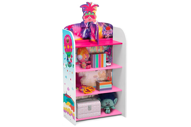 Develop your child’s love for reading with this Trolls World Tour Wooden Playhouse 4-Shelf Bookcase for Kids by Delta Children. The versatile design allows it to be used in multiple ways. Use it as a traditional bookcase with four spacious shelves that give kids easy access to their books, games or toys, or a playhouse where the decorative back panel serves as a colorful imaginative backdrop. Constructed from durable wood with a scratch-resistant finish, this bookshelf will withstand years of use. About Trolls: Known for their crazy, colorful, and magical hair, the DreamWorks Trolls are the happiest, most joyous creatures ever to burst into song. In Trolls World Tour, Poppy and Branch discover six other Troll tribes that are scattered across different lands and are devoted to six different types of music: Funk, Country, Techno, Classic, Pop and Rock.Recommended for: ages 3+ | 2-in-1 design: use as a bookcase or playhouse, colorful trolls-inspired scenes on the back panel of this bookcase serve as a backdrop that can be used as a dollhouse, imaginative play helps boost creativity, vocabulary and fine motor skills | Tons of storage: 4 shelves provide plenty of storage space for books, toys, accessories and more, ideal for your child’s bedroom or playroom | For trolls fans: bookcase features trolls world tour graphics and colorful cutout on the top that adds additional character | Safest option: meets or exceeds all national safety standards and cpsc regulations, non-toxic multi-step painting process is lead and phthalate safe