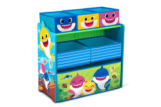 Take a bite out of playroom clutter with this Baby Shark Design & Store 6 Bin Toy Storage Organizer by Delta Children. A storage essential and colorful sticker station and all in one, this toy organizer is boldly decorated with jaw-dropping Baby Shark graphics and includes reusable vinyl stickers that feature a fun under-the-sea theme. Kids can rearrange the stickers on the sides of this organizer for hours of endless storytelling, adding a much-needed incentive to clean-up time. The sturdy wooden frame holds six fabric bins sized for every type of toy, so you can store books, blocks, and more. An eye-popping addition to their playroom or bedroom, this toy organizer makes cleaning quick and easy. About Baby Shark: Baby Shark and his best friend William take fun-filled comedic adventures in their community of Carnivore Cove, meeting new friends and singing catchy tunes along the way. Baby shark, doo, doo, doo, doo, doo, doo.Age range: recommended for ages 3+, safe design: bin meets or exceeds all safety standards set by the cpsc | For baby shark fans: toy bin features colorful graphics of baby shark, mommy shark, daddy shark, grandma shark and grandpa shark, will encourage your child to keep their space neat and tidy | Reusable stickers: kids will love arranging the reusable vinyl cling stickers to the sides of this organizer to create a new story every time they play | Tons of storage: toy bin has 6 bins in varying sizes to fit a wide variety of toys, from small to large, durable construction: made of engineered wood, solid wood and fabric | Size: assembled dimensions: 24.61”l x 11.81”w x 26.57”h, three medium bins: 7.75”l x 9.5”w x 5”h, two large bins: 11.6”l x 9.5”w x 5”h, one extra-large bin: 23.5”l x 9.5”w x 9.5”h, easy assembly