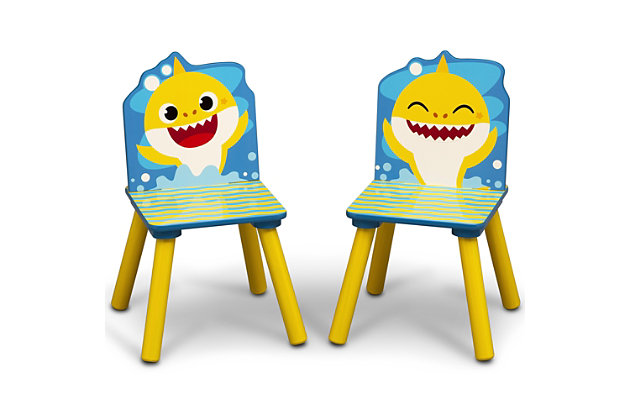 You’ve heard the Baby Shark song... now you can bring the Baby Shark family into your home this Baby Shark Kids Table and Chair Set with Storage by Delta Children. Featuring character graphics of Baby Shark, Mommy Shark, Daddy Shark, Grandma Shark and Grandpa Shark, this table and chair set is totally jaw dropping. Making any activity extra-special, this kids table and chair set features a table and two chairs, designed at the perfect kid-sized height, making it ideal for snack time, playtime or homework. Plus, a built-in storage compartment at the center of the table provides the perfect space to keep art supplies. About Baby Shark: Baby Shark and his best friend William take fun-filled comedic adventures in their community of Carnivore Cove, meeting new friends and singing catchy tunes along the way. Baby shark, doo, doo, doo, doo, doo, doo.What's included: set includes one table and two chairs; table features handy toy keep in the center for easy storage | Age range: recommended for toddlers and kids ages 3+; each chair holds up to 50 lbs. | For baby shark fans: this set features fun and colorful graphics of baby shark, mommy shark, daddy shark, grandma shark and grandpa shark | Durable construction: made of engineered wood and solid wood; scratch-resistant finish protects the table's colorful graphics; easy assembly | Size: assembled dimensions: 24"l x 24"w x 17.72"h