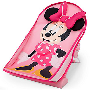 Cute as a button (and a bow!), this Disney Minnie Mouse Baby Bather by Delta Children provides a safe place to bathe your newborn. The bather’s soft mesh material is gentle on baby’s delicate skin and is easy to clean—the slightly inclined design ensures your baby is in a secure position throughout bath time. Minnie’s 3D ears and bow provide needed head support and an extra dose of style. Use it in your sink or bath tub. The bather’s compact fold is convenient for storage or travel.Recommended use: ideal for infants 0-6 months, holds up to 20 lbs., use this bather until baby is sitting up unassisted | Fits in sinks and bath tubs: great alternative to bulky baby bath tub, this bather easily fits in your sink or tub without taking up a lot of space, assembled dimensions: 13"w x 22"l x 12"h | Supportive design: minnie's 3d ears and bow cradle baby's head and provide needed support, the bather's incline keeps baby in a secure and comfortable position during bath time
needed support, the bather’s incline keeps baby in a secure and comfortable position during bath time | Easy to clean: the soft mesh material is gentle on baby's delicate skin and easy to clean | Compact fold for storage and travel: bather easily folds so you can store in any space or take on trips, folded dimensions 13"w x 14"l x2.5"h