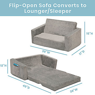 The Serta Perfect Sleeper Extra Wide Convertible Sofa to Lounger is a cozy chair by day, laid-back lounger by night. This convertible seat easily flips open to reveal multiple ways for your child to relax--they’ll love to sit and read or watch their favorite movies on the chair but when it’s time for a nap, this seat folds out into a comfy sleeper bed. Big enough to fit three kids comfortably in sofa mode and two kids in lounger mode, it’s light enough to move around the house and is ideal for your children to share during playtime or sleepovers. The super-soft slipcover embossed with an adorable Serta sheep pattern features an easy-to-reach side pocket where your little one can keep their favorite books or tablet. The supportive foam construction will keep its shape and provides all-day comfort. Plus, the chair's non-slip bottom ensures it stays in place. Designed to ship in a super-small box, this lightweight foam kids’ sofa and lounger may take up to 24 hours to fully expand once unboxed. Machine-washable slipcover zips off for easy cleaning. Recommended for ages 18 months+. Available in Gray and Pink.Convertible 2-in-1 design: this flip-open sofa converts to a lounger/sleeper| ideal for reading, relaxing, playing or sleeping, your child will enjoy this couch with siblings/friends, fits 3 kids comfortably in sofa mode, 2 kids in lounger mode | Comfy foam construction: supportive serta foam construction keeps its shape and provides all-day comfort, non-slip bottom prevents chair from moving around, super-soft slipcover features embossed sheep pattern, side pocket keeps books within reach | Easy to clean: chair comes with a removable machine-washable slipcover that zips off for easy cleaning | Lightweight + portable: lightweight chair can be moved from room to room, great for bedrooms, playrooms, basements, gaming or studying, recommended for ages 18 months+ | Easy to unbox: chair ships in super-small box, once unboxed chair expands 5x (may take 24 hours to fully expand), sofa size: 30”w x 17”d x 15”h, lounger size when flipped open: 30"w x 40"d x 12"h