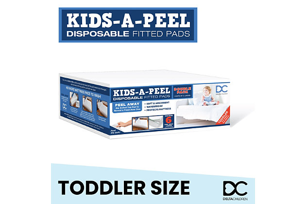 Kids-A-Peel Disposable Toddler Mattress Pads by Delta Children are the smarter alternative to traditional bedding—they are waterproof mattress pads with 6 peel away layers. Perfect for toddlers who are potty training, children who experience bedwetting, those with incontinence, Autism, Aspergers Syndrome, Diabetes, or neurological problems, these disposable mattress pads can help ease frustrations and encourage your child's confidence. Sleep on each layer for 7 to 10 days (or until soiled), and with our patented technology, instantly peel back a layer and throw the soiled sheet away! Made from a special blend of bamboo, viscose and polyester fibers that are super-soft, breathable and crinkle-free, these 100% waterproof fitted sheets protect your mattress from spills, accidents and odors. These non-toxic disposable mattress pads help cut down on water and electricity usage while also reducing exposure to the harsh chemicals used in laundry detergents which makes them a healthier option for your child and the environment. Each package includes 2 sets of 3 peel away layers (6 layers in total) and lasts up to 60 nights. Designed for use on toddler beds only, not for cribs. Toddler Size: Each mattress pad measures 28" x 52" x 6"Cut down on laundry: toddlers 18 months+ can sleep on these disposable mattress pads for 7-10 days (or until soiled), our patented technology allows you to peel back a layer instantly and throw away! Includes 2 sets of 3 peel away layers (6 layers in total) | Waterproof: waterproof design blocks leaks, accidents, spills and odors for outstanding mattress protection, use the multi-layered fitted sheets for toddlers who are potty training, children who experience bedwetting, adults with incontinence & more | Soft & comfy: made from a special blend of bamboo, viscose and polyester, breathable design keep kids cool, crinkle-free material won’t disturb your child’s sleep, jpma certified to meet/exceed all safety standards set by the cpsc & astm | Better for you & the environment: using our non-toxic disposable sheets that are free from phthalates, formaldehyde and lead helps cut down on water and electricity usage while also reducing exposure to the harsh chemicals used in laundry detergents | Lasts up to 60 nights: kids-a-peel disposable fitted sheets allow your child to always sleep on a clean and comfortable sheet, our fitted sheet features 6 peel away layers that can be used for 7-10 days at a time (or until soiled)