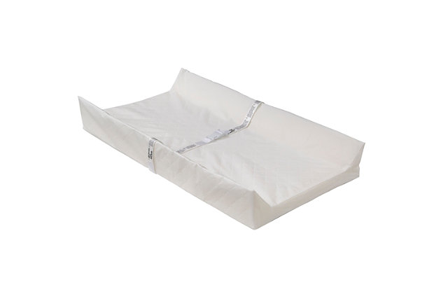Keep your baby comfortable with this Foam Contoured Changing Pad with Waterproof Cover by Beautyrest! This contour pad features a durable foam construction that helps distribute weight evenly and deliver pressure point relief, so your child stays cozy during diaper or outfit changes. The pad’s contoured sides, quick release safety buckle and non-skid bottom ensure your baby is secure (no matter how wiggly they get!). The waterproof vinyl cover can be easily wiped clean or removed, so you can be sure your infant’s changing area is clean and fresh. This Foam Contoured Changing Pad with Waterproof Cover by Beautyrest comes in an adorable package that makes it the ideal gift for new or expecting parents. Fits standard size changing tables.Comfortable construction: the pad's comfy foam construction provides a sturdy surface that helps distribute weight evenly and deliver pressure point relief | Waterproof and hypoallergenic: durable vinyl cover is hypoallergenic, removable and 100% waterproof, easily wipe clean with a damp cloth | Built safe: safety harness for baby with a quick release buckle and two contoured sides keep baby securely in place while dressing them or changing their diaper | Fits standard changing tables: non-skid bottom ensures changing pad stays securely in place, fabric straps with screws are included to attach the changing pad to your dresser or changing table| fits standard size changing tables | Size: 32"l x 16"w x 4.5"h, comes in adorable box that makes it the perfect baby gift