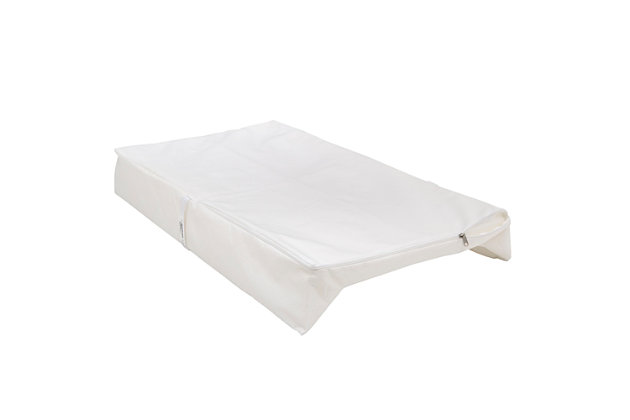 Keep your baby comfortable with this Foam Contoured Changing Pad with Waterproof Cover by Beautyrest! This contour pad features a durable foam construction that helps distribute weight evenly and deliver pressure point relief, so your child stays cozy during diaper or outfit changes. The pad’s contoured sides, quick release safety buckle and non-skid bottom ensure your baby is secure (no matter how wiggly they get!). The waterproof vinyl cover can be easily wiped clean or removed, so you can be sure your infant’s changing area is clean and fresh. This Foam Contoured Changing Pad with Waterproof Cover by Beautyrest comes in an adorable package that makes it the ideal gift for new or expecting parents. Fits standard size changing tables.Comfortable construction: the pad's comfy foam construction provides a sturdy surface that helps distribute weight evenly and deliver pressure point relief | Waterproof and hypoallergenic: durable vinyl cover is hypoallergenic, removable and 100% waterproof, easily wipe clean with a damp cloth | Built safe: safety harness for baby with a quick release buckle and two contoured sides keep baby securely in place while dressing them or changing their diaper | Fits standard changing tables: non-skid bottom ensures changing pad stays securely in place, fabric straps with screws are included to attach the changing pad to your dresser or changing table| fits standard size changing tables | Size: 32"l x 16"w x 4.5"h, comes in adorable box that makes it the perfect baby gift