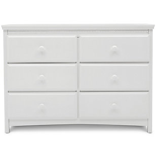 Classic styling and pearl detailing give the Emerson 6 Drawer Dresser by Delta Children a timeless quality. Equipped with six sliding drawers that feature safety stops to prevent the drawers from falling out, this dresser offers a wealth of storage space. Its beautiful finish will never go out of style, while its sturdy wood construction makes it as durable as it is attractive. Round drawer pulls provide a charming finishing touch. A great piece for the nursery, your kid's bedroom or your master bedroom, The Emerson is the smart choice for storage in any space. The Emerson 6 Drawer Dresser is part of the Emerson nursery collection. Pair with the Emerson 4-in-1 Convertible Crib for a coordinated look. Coordinating collection pieces each sold separately. All Delta Children dressers and chests meet the requirements of ASTM F2057, the voluntary industry tip over standard for dressers. For your children's safety, only purchase dressers that comply with this standard. For additional security, Delta strongly recommends that all dressers in your home be anchored; all Delta dressers include a wall anchor. To learn how to properly secure your dresser, please see the product assembly instructions or visit our website.6 large drawers offer plenty of storage space | Drawers feature metal drawer guides with safety stops for years of worry-free use | Strong & sturdy wood construction | Engineered and tested to meet astm furniture safety standards; tested for lead and other toxic elements to meet or exceed astm safety standards; includes tipover restraint | Assembled dimensions: 47.50" w x 20.25" d x 34" h | Assembly required | For any questions regarding delta children products, please contact consumersupport@deltachildren.com monday to friday, 8:30 a.m. To 6 p.m. (est)