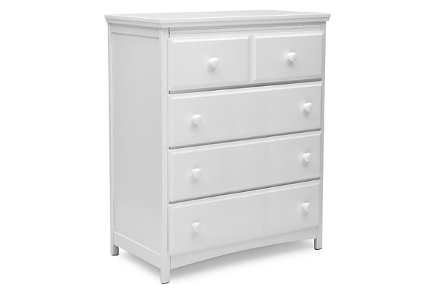 Classic styling and pearl detailing give the Emerson 4 Drawer Chest by Delta Children a timeless quality. Equipped with four sliding drawers that feature safety stops to prevent the drawers from falling out, this tall dresser offers a wealth of storage space. Its beautiful finish will never go out of style, while its sturdy wood construction makes it as durable as it is attractive. Round drawer pulls provide a charming finishing touch. A great piece for the nursery, your kid's bedroom or your master bedroom, the Emerson is the smart choice for storage in any space. The Emerson 4 Drawer Chest is part of the Emerson Nursery Collection. Pair with the Emerson 4-in-1 Convertible Crib for a coordinated look. Coordinating collection pieces each sold separately. All Delta Children dressers and chests meet the requirements of ASTM F2057, the voluntary industry tip over standard for dressers. For your children's safety, only purchase dressers that comply with this standard. For additional security, Delta strongly recommends that all dressers in your home be anchored; all Delta dressers include a wall anchor. To learn how to properly secure your dresser, please see the product assembly instructions or visit our website.Four spacious drawers offer plenty of storage space | Coordinates perfectly with other pieces in the emerson collection by delta children | Strong & sturdy wood construction; assembled dimensions: 35.25" w x 20.25" d x 43" h | Drawers feature metal drawer guides with safety stops for years of worry-free use | Engineered and tested to meet astm furniture safety standards; tested for lead and other toxic elements to meet or exceed astm safety standards; includes tipover restraint | Assembly required | For any questions regarding delta children products, please contact consumersupport@deltachildren.com monday to friday, 8:30 a.m. To 6 p.m. (est)