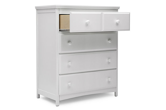 Classic styling and pearl detailing give the Emerson 4 Drawer Chest by Delta Children a timeless quality. Equipped with four sliding drawers that feature safety stops to prevent the drawers from falling out, this tall dresser offers a wealth of storage space. Its beautiful finish will never go out of style, while its sturdy wood construction makes it as durable as it is attractive. Round drawer pulls provide a charming finishing touch. A great piece for the nursery, your kid's bedroom or your master bedroom, the Emerson is the smart choice for storage in any space. The Emerson 4 Drawer Chest is part of the Emerson Nursery Collection. Pair with the Emerson 4-in-1 Convertible Crib for a coordinated look. Coordinating collection pieces each sold separately. All Delta Children dressers and chests meet the requirements of ASTM F2057, the voluntary industry tip over standard for dressers. For your children's safety, only purchase dressers that comply with this standard. For additional security, Delta strongly recommends that all dressers in your home be anchored; all Delta dressers include a wall anchor. To learn how to properly secure your dresser, please see the product assembly instructions or visit our website.Four spacious drawers offer plenty of storage space | Coordinates perfectly with other pieces in the emerson collection by delta children | Strong & sturdy wood construction; assembled dimensions: 35.25" w x 20.25" d x 43" h | Drawers feature metal drawer guides with safety stops for years of worry-free use | Engineered and tested to meet astm furniture safety standards; tested for lead and other toxic elements to meet or exceed astm safety standards; includes tipover restraint | Assembly required | For any questions regarding delta children products, please contact consumersupport@deltachildren.com monday to friday, 8:30 a.m. To 6 p.m. (est)