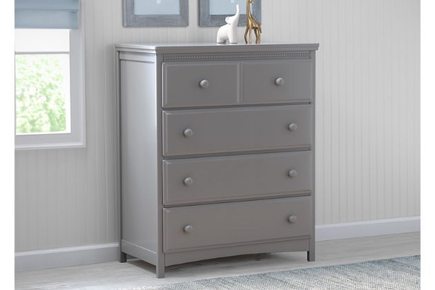 Classic styling and pearl detailing give the Emerson 4 Drawer Chest by Delta Children a timeless quality. Equipped with four sliding drawers that feature safety stops to prevent the drawers from falling out, this tall dresser offers a wealth of storage space. Its beautiful finish will never go out of style, while its sturdy wood construction makes it as durable as it is attractive. Round drawer pulls provide a charming finishing touch. A great piece for the nursery, your kid's bedroom or your master bedroom, the Emerson is the smart choice for storage in any space. The Emerson 4 Drawer Chest is part of the Emerson Nursery Collection. Pair with the Emerson 4-in-1 Convertible Crib for a coordinated look. Coordinating collection pieces each sold separately.

All Delta Children dressers and chests meet the requirements of ASTM F2057, the voluntary industry tip over standard for dressers. For your children's safety, only purchase dressers that comply with this standard. For additional security, Delta strongly recommends that all dressers in your home be anchored; all Delta dressers include a wall anchor. To learn how to properly secure your dresser, please see the product assembly instructions or visit our website.Four spacious drawers offer plenty of storage space | Coordinates perfectly with other pieces in the emerson collection by delta children | Strong & sturdy wood construction; assembled dimensions: 35.25" w x 20.25" d x 43" h | Drawers feature metal drawer guides with safety stops for years of worry-free use | Engineered and tested to meet astm furniture safety standards; tested for lead and other toxic elements to meet or exceed astm safety standards; includes tipover restraint | Assembly required | For any questions regarding delta children products, please contact consumersupport@deltachildren.com monday to friday, 8:30 a.m. To 6 p.m. (est)