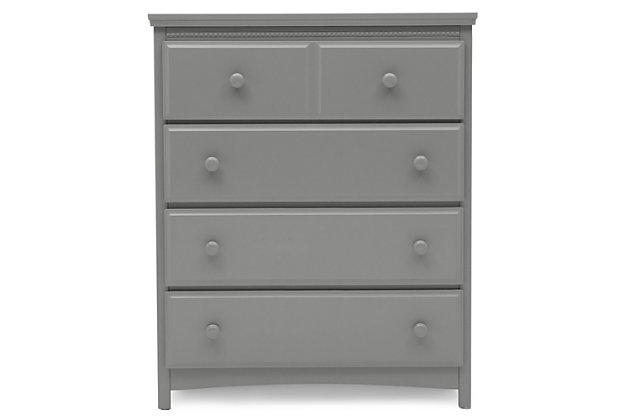 Classic styling and pearl detailing give the Emerson 4 Drawer Chest by Delta Children a timeless quality. Equipped with four sliding drawers that feature safety stops to prevent the drawers from falling out, this tall dresser offers a wealth of storage space. Its beautiful finish will never go out of style, while its sturdy wood construction makes it as durable as it is attractive. Round drawer pulls provide a charming finishing touch. A great piece for the nursery, your kid's bedroom or your master bedroom, the Emerson is the smart choice for storage in any space. The Emerson 4 Drawer Chest is part of the Emerson Nursery Collection. Pair with the Emerson 4-in-1 Convertible Crib for a coordinated look. Coordinating collection pieces each sold separately.

All Delta Children dressers and chests meet the requirements of ASTM F2057, the voluntary industry tip over standard for dressers. For your children's safety, only purchase dressers that comply with this standard. For additional security, Delta strongly recommends that all dressers in your home be anchored; all Delta dressers include a wall anchor. To learn how to properly secure your dresser, please see the product assembly instructions or visit our website.Four spacious drawers offer plenty of storage space | Coordinates perfectly with other pieces in the emerson collection by delta children | Strong & sturdy wood construction; assembled dimensions: 35.25" w x 20.25" d x 43" h | Drawers feature metal drawer guides with safety stops for years of worry-free use | Engineered and tested to meet astm furniture safety standards; tested for lead and other toxic elements to meet or exceed astm safety standards; includes tipover restraint | Assembly required | For any questions regarding delta children products, please contact consumersupport@deltachildren.com monday to friday, 8:30 a.m. To 6 p.m. (est)