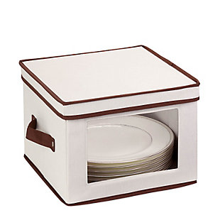 Store up to 12 standard-sized dinner plates in this 12x12 inch storage box. The clear view window lets you easily see the contents while the lift off lid simplifies access. Protective inserts help safeguard against chips or scratches. Remove the dinnerware inserts and this storage box turns into a great closet organization tool. Store scarves, ties, socks, gloves, or hats. In classic off-white with brown accents, this stackable storage box will instantly upgrade any pantry or closet. Made of polyester and cotton canvas.Clear view window | Sturdy construction | Includes dinnerware protectors