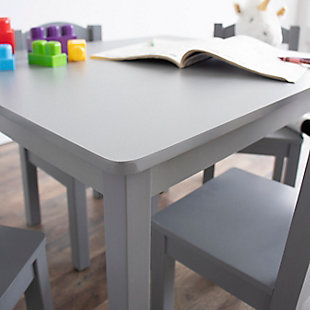 Sized just right for growing kids, the Humble Crew Kids Table and Chair set will host tons of coloring and art projects, snack times and creative play over the years. Modern kids furniture set includes a grey square kids table and four gray chairs that will provide years of creative fun. Durable sturdy engineered wood construction. Easy to assemble. Table and chairs are designed specifically for your little one and is ideal for children aged 3 and up. Product dimensions: Table - 26" x 22". Chairs - 10" x 10" x 22"H. Seat height - 10".Great for eating, reading books, coloring, arts and crafts, playing board games, and more | Sturdy engineered wood construction. Easy to assemble. Product sizing table: 26 in. W x 22 in. D x 19 in. H, chairs: 10 in. W x 10 in. D x 22 in. H, seat height: 10 in. H | Neutral design allows this product to fit into any setting. | Ideal for your toddler's bedroom, playroom, or the living room