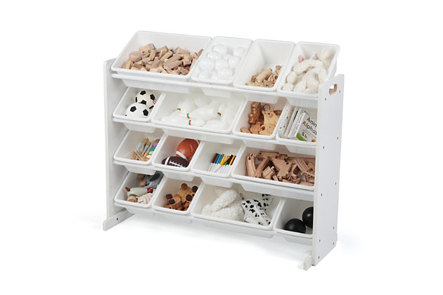 Playtime becomes more fun when your kids can easily take out their toys, books and games and then quickly clean up afterwards. The space-saving Humble Crew Super Sized Toy Storage Organizer with 16 Storage Bins, stows your children's toys in easy-to-see, easy-to-access BPA and phthalate free plastic storage bins. Ideal for organizing your child’s nursery/bedroom, playroom, closet, living room....the options are endless! The 12 standard and 4 large storage containers are easy to remove, replace and reposition along the 4 tiered organizer shelves. Storage bins are sized just right within the toy organizer for toddler and preschool aged children. Sturdy engineered wood construction frame with stabilizing braces and steel shelving rods, 20 pound weight capacity per level. Some assembly is required. A great toy storage box alternative; helping keep your little one’s room clean and organized while at the same time teaching color identification, sorting and cognitive skills.

Product sizing -

42"W x 11"D (15.5"D with stabilizing braces) x 32" H

Standard bin sizing: 11.75" L x 8.25"W x 5.25" H

Large bin sizing: 16"L x 11.75"W x 5.25"H

Additional plastic storage toy bins are sold separatelyExtra large size stores 25% more than other toy organizers | Removable toy storage bins for playtime and easy clean up | Sturdy engineered wood construction frame reinforced with steel dowels, 20 pound weight capacity per level. Stabilizing braces and anti-tip straps provide additional safety support | 16 durable plastic storage bins, 12 standard and 4 large (equivalent to 8 standard bins) interchangeable storage bins. Bpa and phthalate free. Product sizing - 42”w x 11”d (15.5”d with stabilizing braces) x 31”h; standard size bins: 11.75”l x 8.25”w x 5.25”h; large size bins: 16”l x 11.75”w x 5.25”h