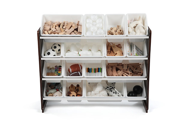 Playtime becomes more fun when your kids can easily take out their toys, books and games and then quickly clean up afterwards. The space-saving Humble Crew Super Sized Toy Storage Organizer with 16 Storage Bins, stows your children's toys in easy-to-see, easy-to-access BPA and phthalate free plastic storage bins. Ideal for organizing your child’s nursery/bedroom, playroom, closet, living room....the options are endless! The 12 standard and 4 large storage containers are easy to remove, replace and reposition along the 4 tiered organizer shelves. Storage bins are sized just right within the toy organizer for toddler and preschool aged children. Sturdy engineered wood construction frame with stabilizing braces and steel shelving rods, 20 pound weight capacity per level. Some assembly is required. A great toy storage box alternative; helping keep your little one’s room clean and organized while at the same time teaching color identification, sorting and cognitive skills.

Product sizing -

42"W x 11"D (15.5"D with stabilizing braces) x 32" H

Standard bin sizing: 11.75" L x 8.25"W x 5.25" H

Large bin sizing: 16"L x 11.75"W x 5.25"H

Additional plastic storage toy bins are sold separatelyExtra large size stores 25% more than other toy organizers | Removable toy storage bins for playtime and easy clean up | Sturdy engineered wood construction frame reinforced with steel dowels, 20 pound weight capacity per level. Stabilizing braces and anti-tip straps provide additional safety support | 16 durable plastic storage bins, 12 standard and 4 large (equivalent to 8 standard bins) interchangeable storage bins. Bpa and phthalate free. Product sizing - 42”w x 11”d (15.5”d with stabilizing braces) x 31”h; standard size bins: 11.75”l x 8.25”w x 5.25”h; large size bins: 16”l x 11.75”w x 5.25”h