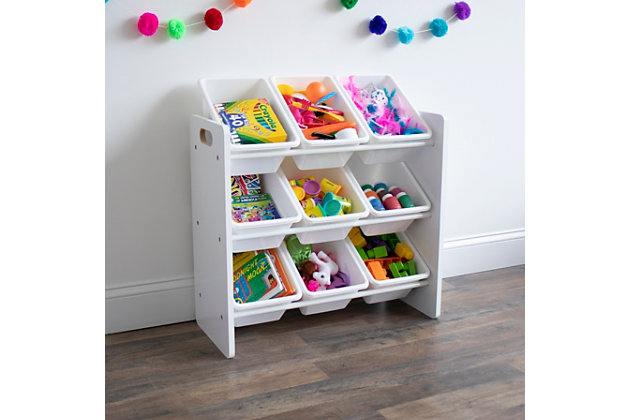 Playtime becomes more fun when your kids can easily take out their toys, books and games and then quickly clean up afterwards. The space-saving Humble Crew Toy Storage Organizer with 9 Storage Bins stows your children's toys in easy-to-see, easy-to-access BPA and phthalate free plastic storage bins. 9 standard storage containers are easy to remove, replace and reposition along the 3 tiered organizer shelves. Storage bins are sized just right within the toy organizer for toddlers and preschool aged children. Sturdy engineered wood construction frame with and steel shelving rods, 20 pound weight capacity per level. Some assembly is required. A great toy storage box alternative; helping keep your little one’s room clean and organized while at the same time teaching color identification, sorting and cognitive skills. Perfect organizational solution for bedrooms, nurseries, playrooms and bathrooms. 


Product sizing –

25.79"W x 11"D (15.5"D with stabilizing braces) x 23.62"H

Standard bin sizing: 11.75"L x 8.25"W x 5.25"H

Additional plastic storage toy bins are also sold separatelyRemovable toy storage bins for playtime and easy clean up | Sturdy engineered wood construction frame reinforced with steel dowels, 20 pound weight capacity per level | 9 durable plastic storage bins. Bpa and phthalate free. Product sizing: 26"w x 11" d x 24"h. 13 lbs | White wooden finish with white colored toy bins