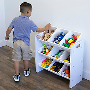Playtime becomes more fun when your kids can easily take out their toys, books and games and then quickly clean up afterwards. The space-saving Humble Crew Toy Storage Organizer with 9 Storage Bins stows your children's toys in easy-to-see, easy-to-access BPA and phthalate free plastic storage bins. 9 standard storage containers are easy to remove, replace and reposition along the 3 tiered organizer shelves. Storage bins are sized just right within the toy organizer for toddlers and preschool aged children. Sturdy engineered wood construction frame with and steel shelving rods, 20 pound weight capacity per level. Some assembly is required. A great toy storage box alternative; helping keep your little one’s room clean and organized while at the same time teaching color identification, sorting and cognitive skills. Perfect organizational solution for bedrooms, nurseries, playrooms and bathrooms. 


Product sizing –

25.79"W x 11"D (15.5"D with stabilizing braces) x 23.62"H

Standard bin sizing: 11.75"L x 8.25"W x 5.25"H

Additional plastic storage toy bins are also sold separatelyRemovable toy storage bins for playtime and easy clean up | Sturdy engineered wood construction frame reinforced with steel dowels, 20 pound weight capacity per level | 9 durable plastic storage bins. Bpa and phthalate free. Product sizing: 26"w x 11" d x 24"h. 13 lbs | White wooden finish with white colored toy bins