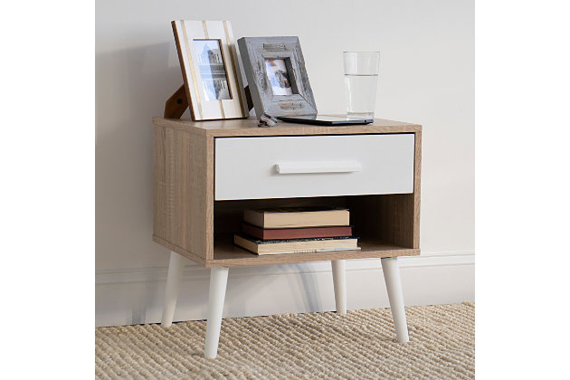 Constructed with a modern sleek and simple look, our Humble Crew Nightstand/End Table is the perfect addition to your bedroom or living room. This versatile piece features one deep set drawer and an exposed shelf that allows you to display your frequently reached for items. Neutral design easily blends with other pieces of furniture within the home. Easy to assemble, full assembly required.  Product dimensions: 19.80" x15.35" x 19.49"H.Modern night stand or end table features one top drawer and an open shelf space. | Neutral design, pairs well with existing styles. Four angled modern table legs. | Clean simple look. Easy to assemble. | Product dimensions: 19.80" x 15.35" x 19.49".