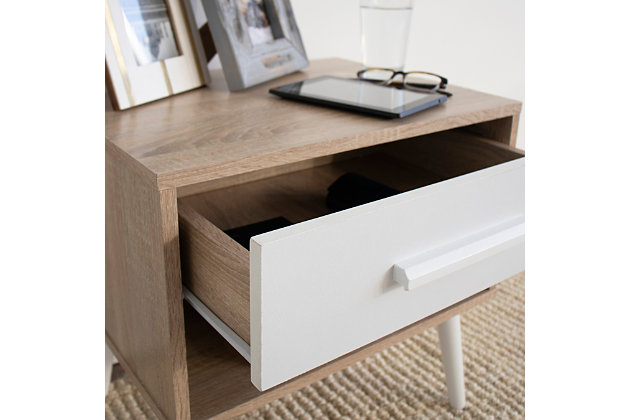 Constructed with a modern sleek and simple look, our Humble Crew Nightstand/End Table is the perfect addition to your bedroom or living room. This versatile piece features one deep set drawer and an exposed shelf that allows you to display your frequently reached for items. Neutral design easily blends with other pieces of furniture within the home. Easy to assemble, full assembly required.  Product dimensions: 19.80" x15.35" x 19.49"H.Modern night stand or end table features one top drawer and an open shelf space. | Neutral design, pairs well with existing styles. Four angled modern table legs. | Clean simple look. Easy to assemble. | Product dimensions: 19.80" x 15.35" x 19.49".