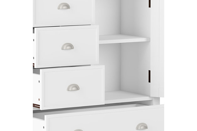 You like to be neat and tidy...that's good, so do we. It is for this reason we designed the Redmond Medium Storage Cabinet. Four drawers and one cabinet conveniently hold your personal items offering an abundance of versatility to effortlessly organize by design and store away anything you wish to remain hidden...your secret is safe with us. This flexible and functional piece can be used in just about any room in your home. Efforts are made to reproduce accurate colors, variations in color may occur due to computer monitor and photography; At Simpli Home we believe in creating excellent, high quality products made from the finest materials at an affordable price. Every one of our products come with a 1-year warranty and easy returns if you are not satisfiedDIMENSIONS: 17" D x 39" W x 42" H | Handcrafted with care using the finest quality solid wood | Hand-finished with a White Painted Finish and a protective NC lacquer | Multipurpose cabinet offers plenty of functional storage. Looks great in your living room, entryway, bedroom ,dining room, condo or office | Features three small drawers, one bottom large drawer and one door opens to large cabinet space with one shelf | Transitional Style includes tapered legs, molded crown edged table top and brushed nickel hardware. | Assembly Required | We believe in creating excellent, high quality products made from the finest materials at an affordable price. Every one of our products come with a 1-year warranty and easy returns if you are not satisfied.