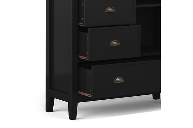 You like to be neat and tidy...that's good, so do we. It is for this reason we designed the Redmond Medium Storage Cabinet. Four drawers and one cabinet conveniently hold your personal items offering an abundance of versatility to effortlessly organize by design and store away anything you wish to remain hidden...your secret is safe with us. This flexible and functional piece can be used in just about any room in your home. Efforts are made to reproduce accurate colors, variations in color may occur due to computer monitor and photography; At Simpli Home we believe in creating excellent, high quality products made from the finest materials at an affordable price. Every one of our products come with a 1-year warranty and easy returns if you are not satisfiedDIMENSIONS: 17" D x 39" W x 42" H | Handcrafted with care using the finest quality solid wood | Hand-finished with a Black Painted Finish and a protective NC lacquer | Multipurpose cabinet offers plenty of functional storage. Looks great in your living room, entryway, bedroom ,dining room, condo or office | Features three small drawers, one bottom large drawer and one door opens to large cabinet space with one shelf | Transitional Style includes tapered legs, molded crown edged table top and antique brass hardware. | Assembly Required | We believe in creating excellent, high quality products made from the finest materials at an affordable price. Every one of our products come with a 1-year warranty and easy returns if you are not satisfied.